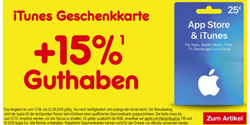 15 Prozent Bonus-Guthaben für iTunes-Karten bei Netto